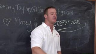 A girl is having fun with her teacher right in his office