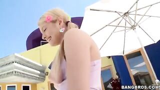 A blonde girl has a long dick and sucks it with great pleasure