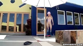 A blonde girl has a long dick and sucks it with great pleasure