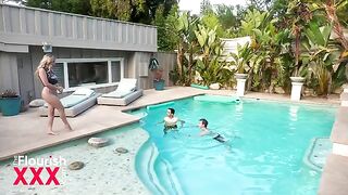 Two students have an intense encounter by the pool under the shower
