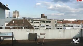 A hot brunette with big tits has sex straight on the roof in POV style