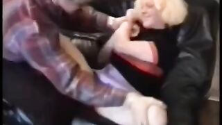 Babe fucked by two hot motorcyclists in rough scene