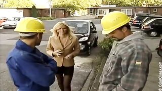 A sexy girl in black pantyhose gets fucked on a porn set with a dick