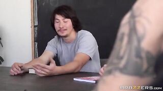 The guy fucked the attached girl on the bed