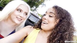 Two college girls sucking and fucking a big black cock in POV style