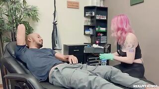 A sexy girl with a tattoo gets fucked by a black guy