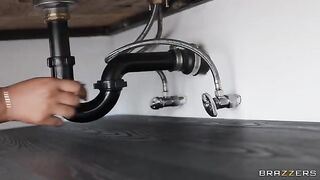 Two women share a huge black dick with the plumber in an intense scene