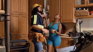 A role play with a girl in uniform in the kitchen