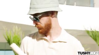 Red-haired beauty has anal sex with two guys at once