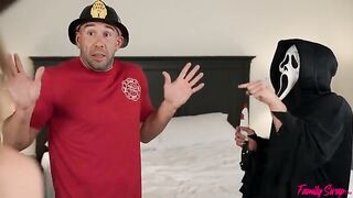Unexpected visitors have fun with two beautiful and sexy girls