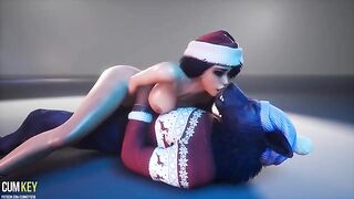 Busty girl fucks with a werewolf in a wild Christmas encounter