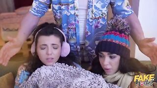 Their wet pussies were fucked by three young guys in a threeway