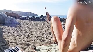 Nude beauties got caught by a stranger wanking on the beach