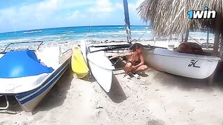 The couple has a passionate and rough sex on the nude beach