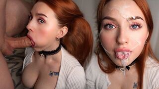 The guy's dick was licked by a red-haired slut