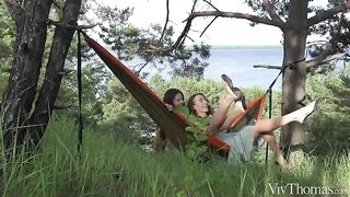 A girl gets a tan in the crotch by a stream
