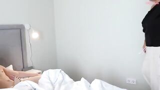 A cute girl bounces on a big mom’s bed, getting wild