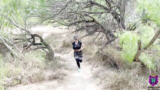 A woman with big boobs is having sex on the public trail after work out