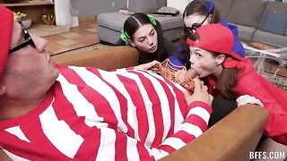 The guy's cock was wetted in four slits at once on the couch