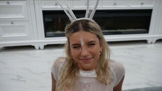 A cute girl got a face decoration, and then she had to lick it off