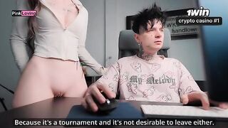 The girl rubs her pussy on the table and begs for more