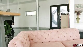 Cute brunette, on all fours, gets fucked by four guys in a circle