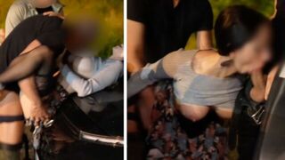 A woman has sex with three guys in the car and she cum