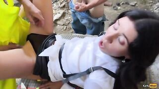 The guy fucks a girl in the mouth and cums on her face in an intense scene
