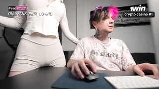 A girl with big tits masturbates and squirts on the table