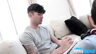 A brunette woman greedily sucks dick, choking on her own saliva