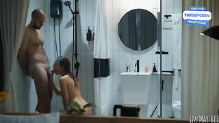 A couple has amazing sex right in the shower stall, real and unscripted