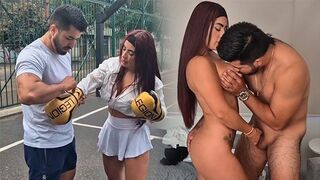 A sexy girl is having fun with her personal trainer in the gym