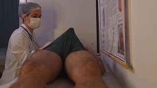 The doctor is checking on his patient, a stunning nurse, in a fake hospital setting