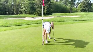 The girl played golf and then had intense oral sex in the hot tub