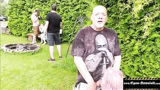 Cock sucking voyeur girl gets caught and fucked outdoors