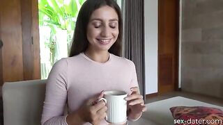 Petite brunette gets invited for tea and engages in intimate action