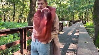 Outdoor pussy fuck and public anal play with plug