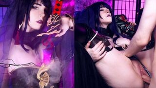 Cosplay Raiden Shougun quest scene with MollyRedWolf, showcasing her fiery red hair and passionate performances